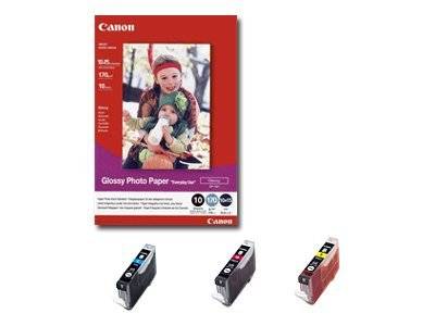 Canon Glanzfotopapier-Paket oben gezeigt mit drei Druckerpatronen in Schwarz, Magenta und Gelb.