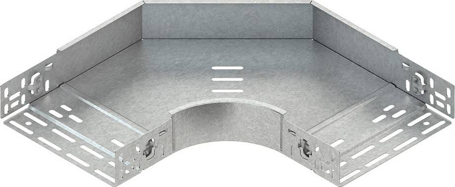 Eine Metallkabelrinnen-Bogensektion mit einer geschwungenen Gestaltung zur Führung von Elektrokabeln. Sie verfügt über Schlitze zur Kabelverwaltung.
