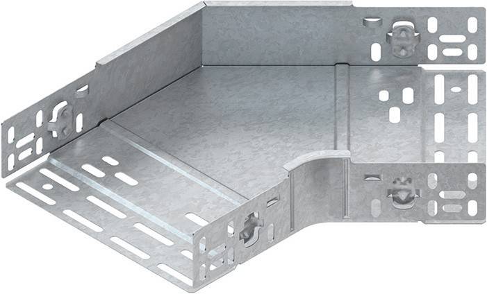 Eine Metalldrahtkorbhalterung mit Ecksektion, die zur Führung und Unterstützung von elektrischen Kabeln entwickelt wurde. Sie verfügt über eine rechtwinklige Biegung und perforierte Seiten für Luftzirkulation.