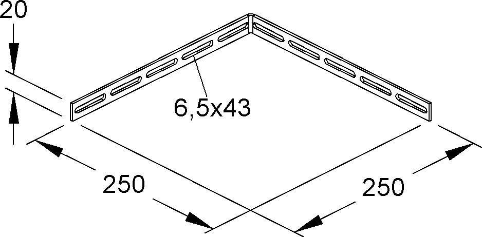 Eine architektonische Eckdetail-Zeichnung mit Abmessungen von '6,5x43' und einem Winkel von '50 Grad', mit geschlitztem Metallrahmenwerk.