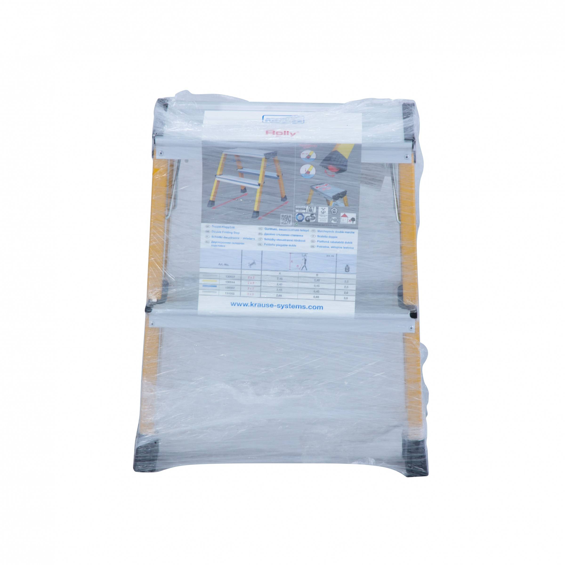 Teleskop-Klappleiter mit Sicherheitshinweisen und Verwendungsbildern auf der Verpackung.