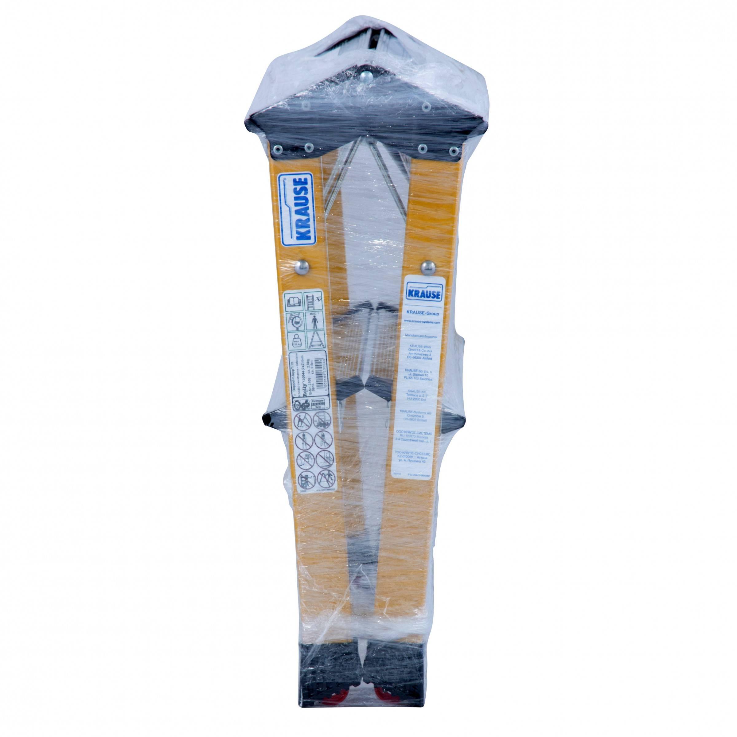 Eine zusammengeklappte Leiter, die in durchsichtige Plastikverpackung eingewickelt ist, mit sichtbarem Markennamen und Sicherheitshinweisen.