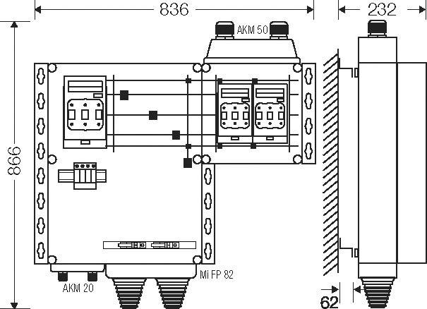 Technische Zeichnung einer elektrischen Schalttafel mit Maßangaben und Anschlussdetails, die Komponenten, Verkabelung und Abmessungen zeigt.