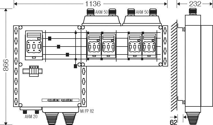 Konstruktionszeichnung mit Abmessungen und Anordnung elektrischer Komponenten, beschriftet mit 'Mi FP 82', mit einer Breite von 1136 und Einheiten beschriftet mit AKM 50.