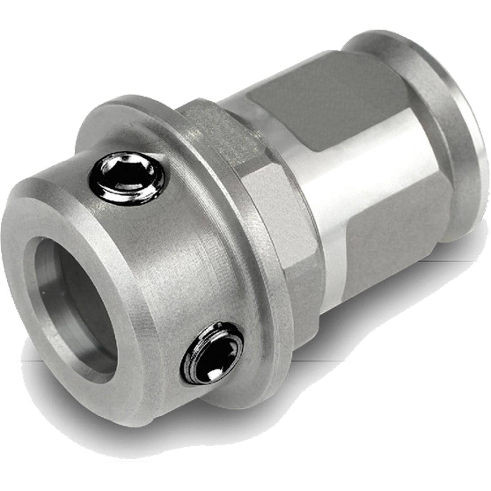 Metallischer zylindrischer Verbinder mit sechseckigem Querschnitt und zwei sichtbaren Schraubenlöchern, verwendet zum Verbinden oder Befestigen von mechanischen Teilen.