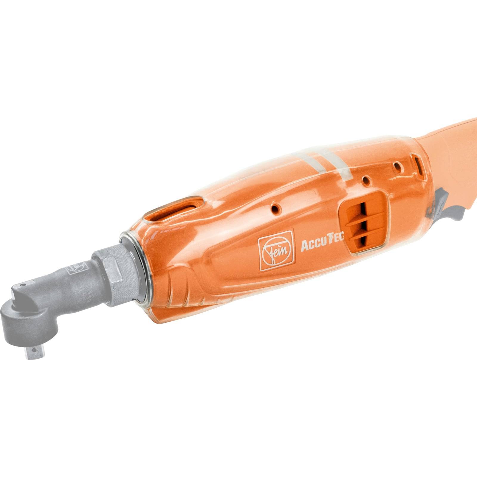 Ein orangefarbener kabelloser Winkelbohrer mit kompaktem Design, geeignet für präzise Bohrtätigkeiten.