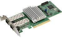 PCIe-Netzwerkadapterkarte mit zwei Ethernet-Anschlüssen und einem großen silbernen Kühlkörper auf einer grünen Leiterplatte.