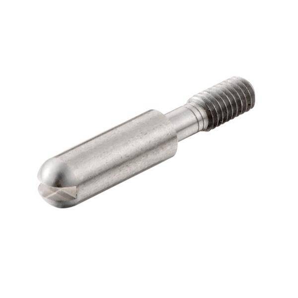 Eine Metallzylinderschraube mit einer glatten, abgerundeten Spitze und einem geränderten Ende. Sie ist zum Befestigen oder Zusammenführen von Komponenten konzipiert.