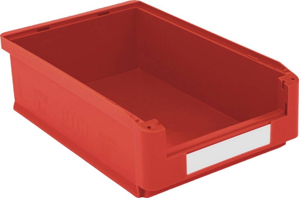 Ein roter Kunststoff-Aufbewahrungsbehälter mit einem leeren weißen Etikett auf der Vorderseite.