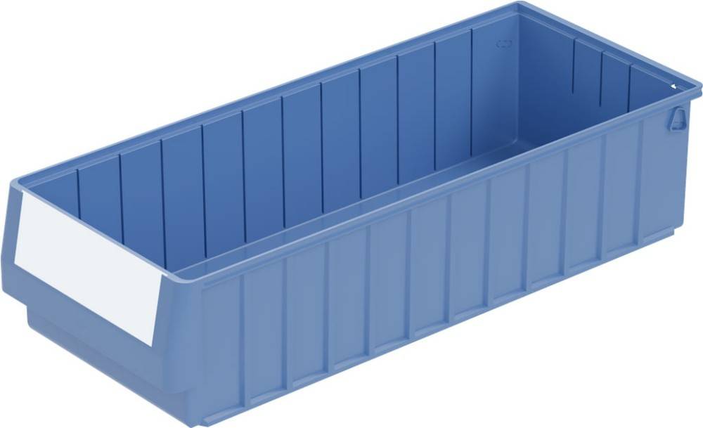 Ein blauer Kunststoff-Lagerbehälter mit rechteckiger Form, der an einem Ende eine weiße Beschriftungsfläche aufweist.