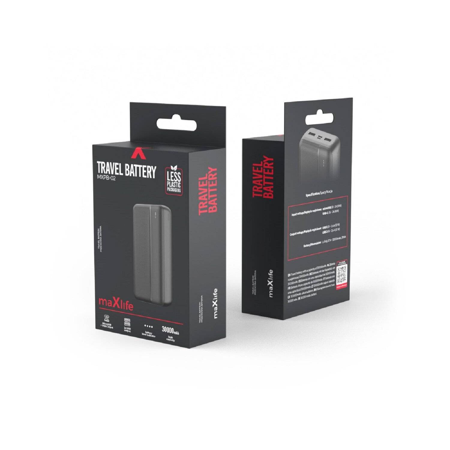 Maxlife MXPB-02 30000 mAh Powerbank 12W, USB-C, Micro USB, 2x USB Schwarz