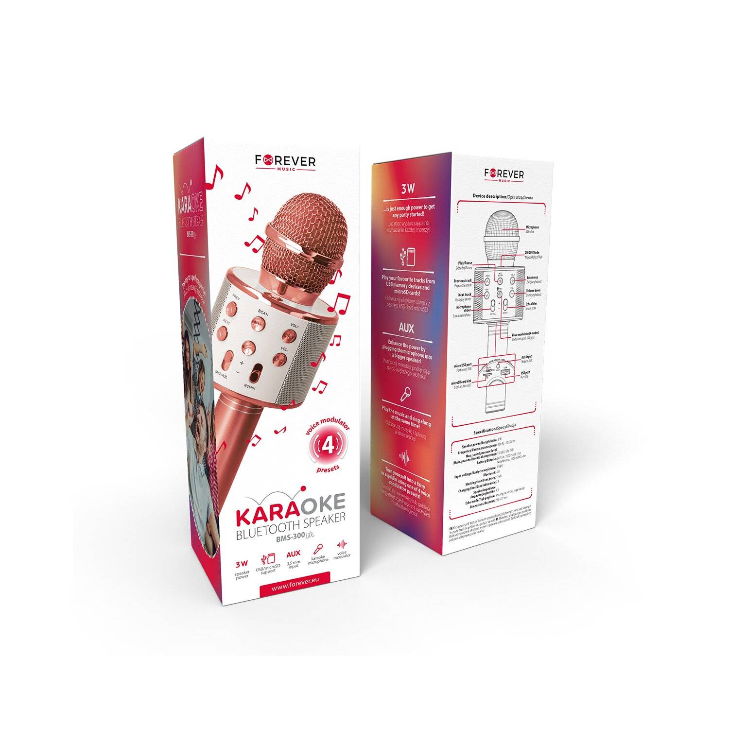 Forever BMS-300 Lite Bluetooth-Mikrofon mit Lautsprecher Karaoke-Mikrofon Roségold