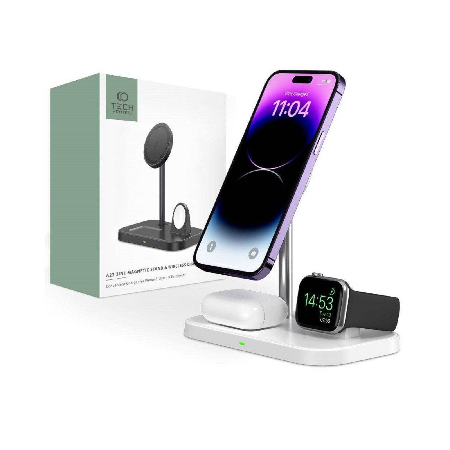 Tech-Protect A22 15W Wireless Magnetic Charger 3in1 für Smartphones mit MagSafe, Kopfhörer, Smartwatch Weiß