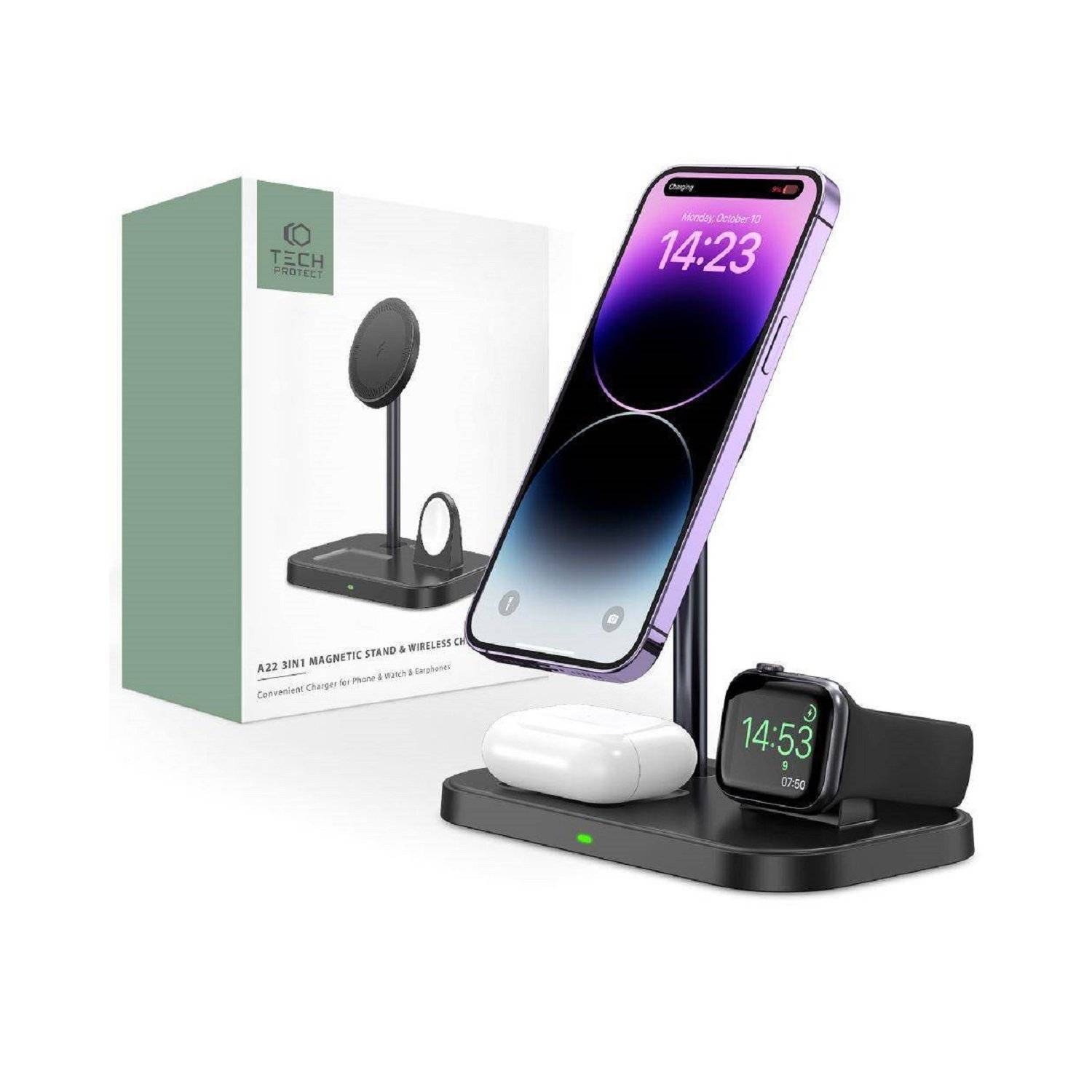 Tech-Protect A22 15W Wireless Magnetic Charger 3in1 für Smartphones mit MagSafe, Kopfhörer, Smartwatch Schwarz