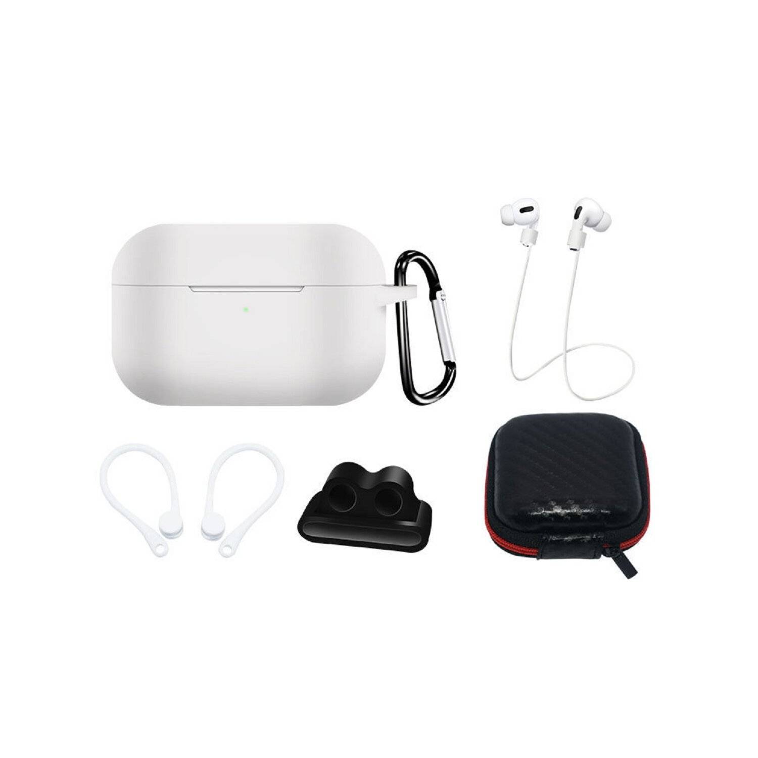 Silikonhüllen-Set für AirPods Pro 2 + Hülle / Ohrbügel / Umhängeband / Uhrenarmbandhalter / Karabiner Weiß