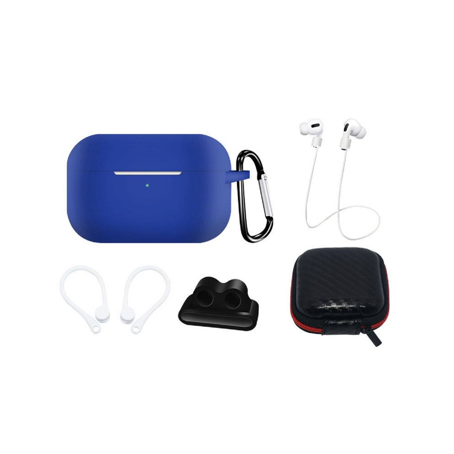Silikonhüllen-Set für AirPods Pro 2 + Hülle / Ohrbügel / Umhängeband / Uhrenarmbandhalter / Karabiner Blau