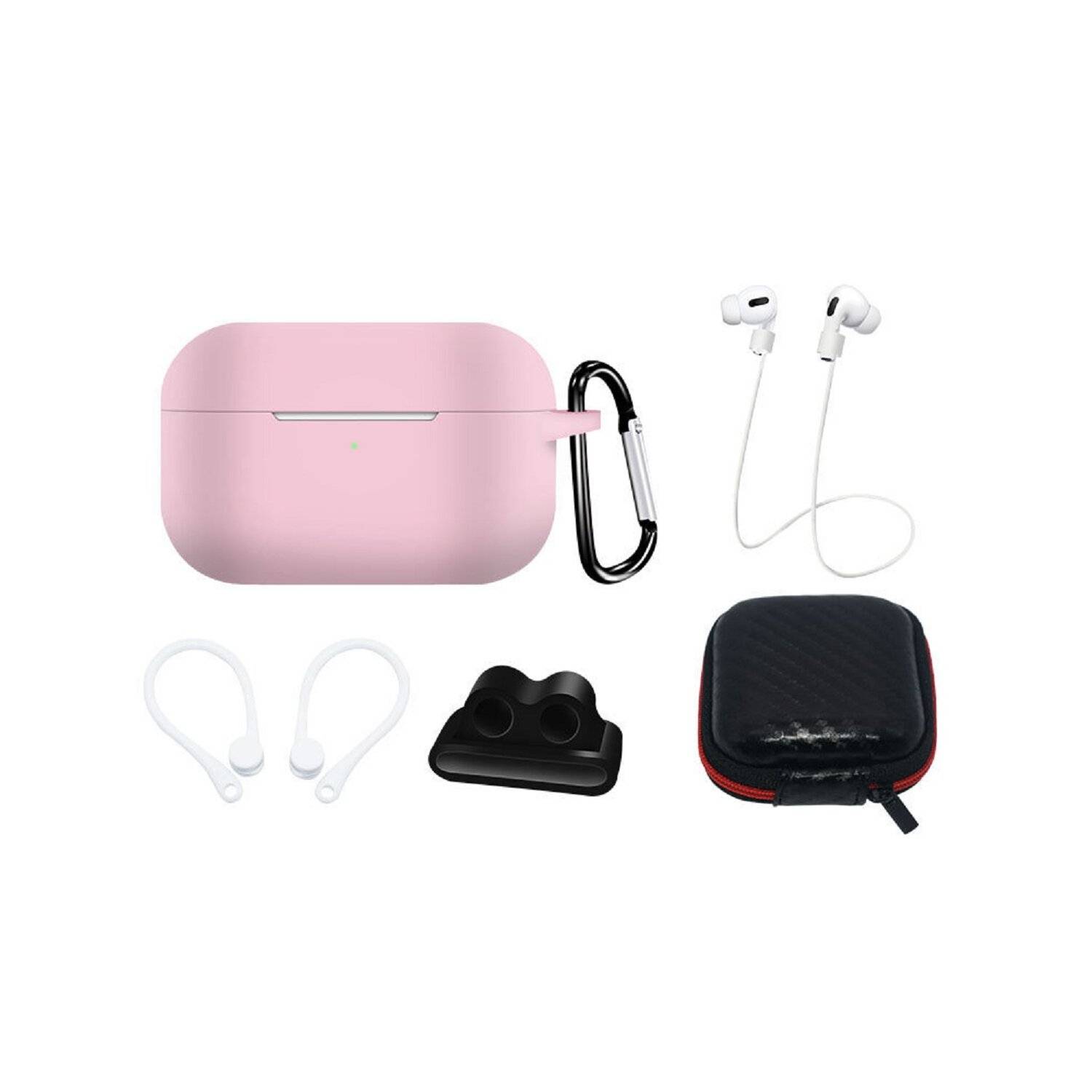 Silikonhüllen-Set für AirPods Pro 2 + Hülle / Ohrbügel / Umhängeband / Uhrenarmbandhalter / Karabiner Pink