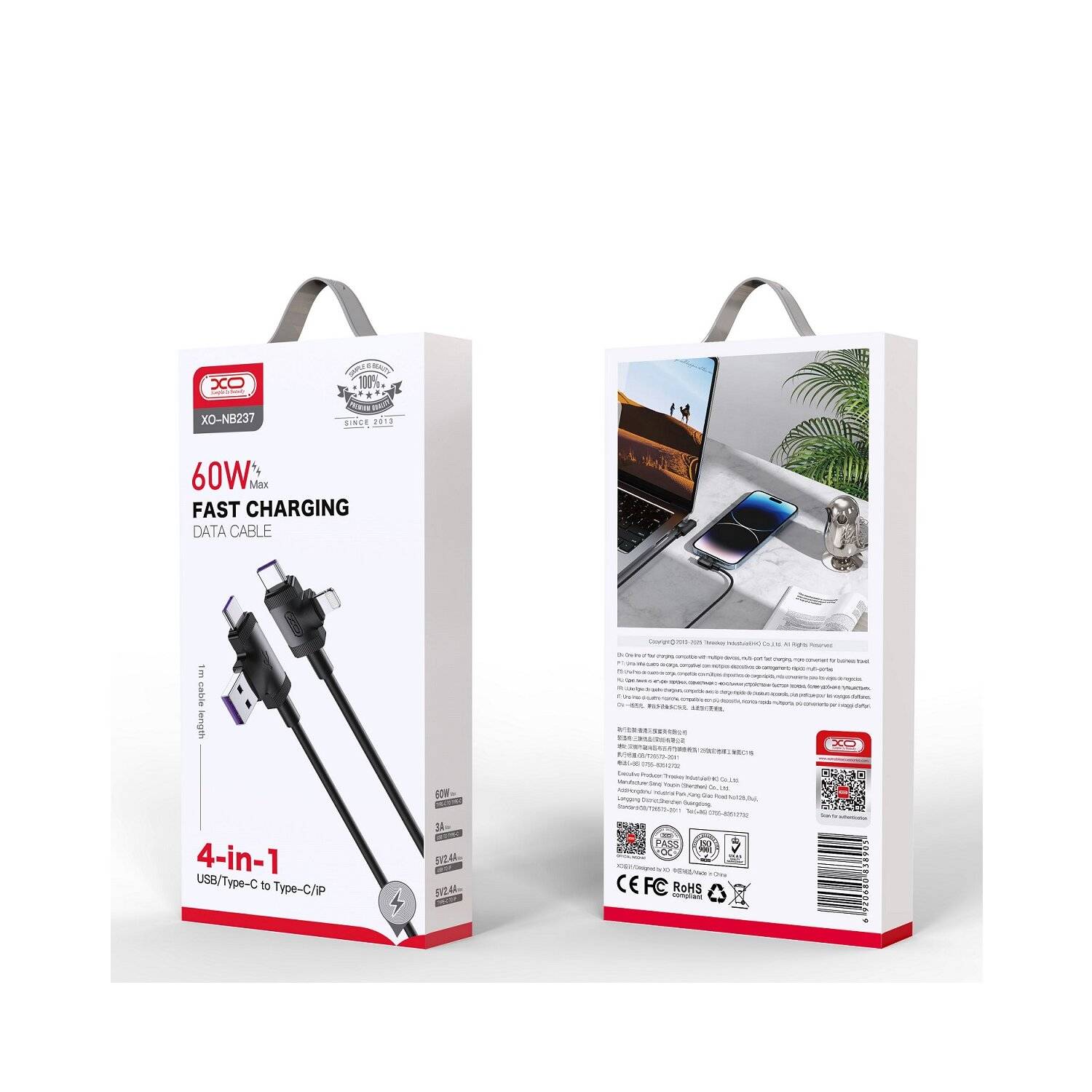 XO NB237 Daten- und Ladekabel 4in1 USB + USB-C - iPhone-Anschluss + USB-C 1,0 m 3A Schwarz