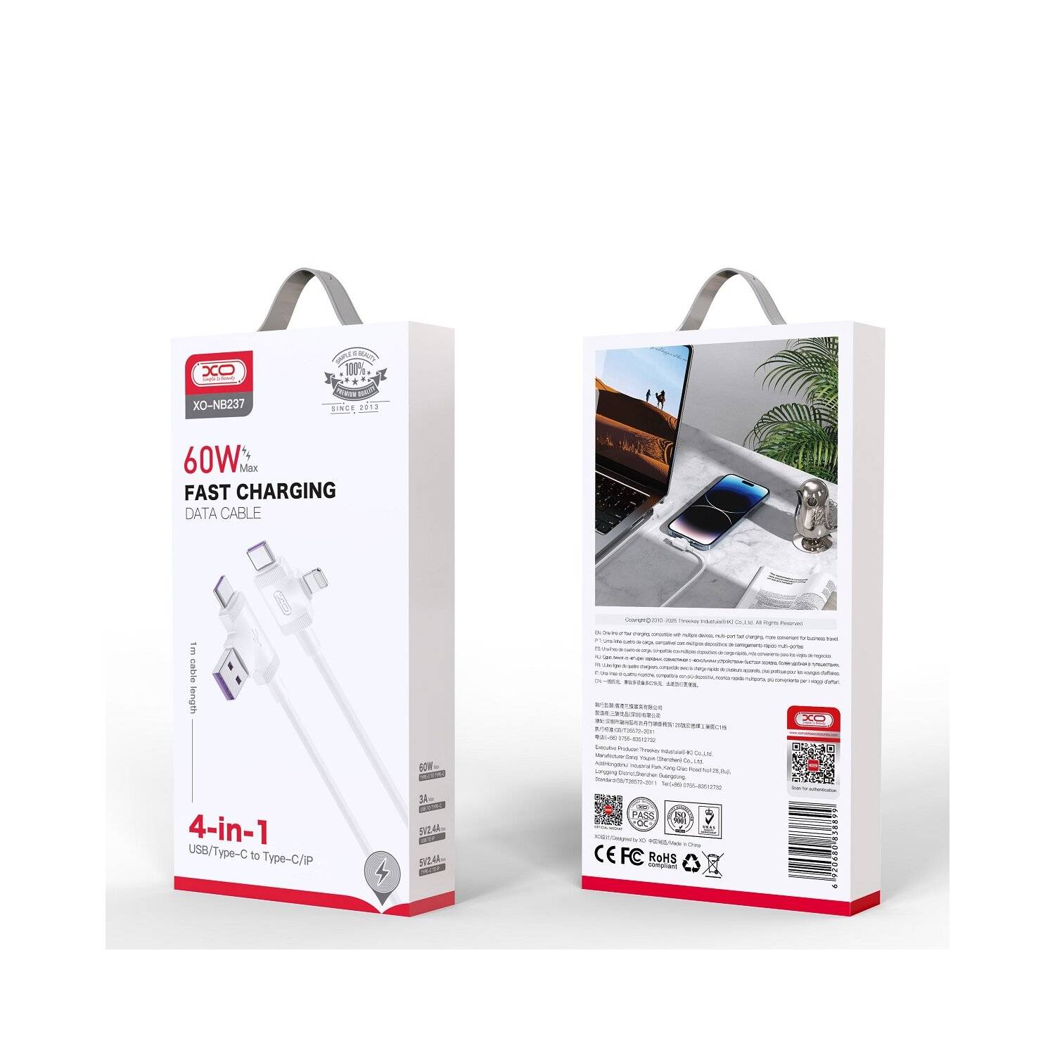 XO NB237 Daten- und Ladekabel 4in1 USB + USB-C - iPhone-Anschluss + USB-C 1,0 m 3A Weiß