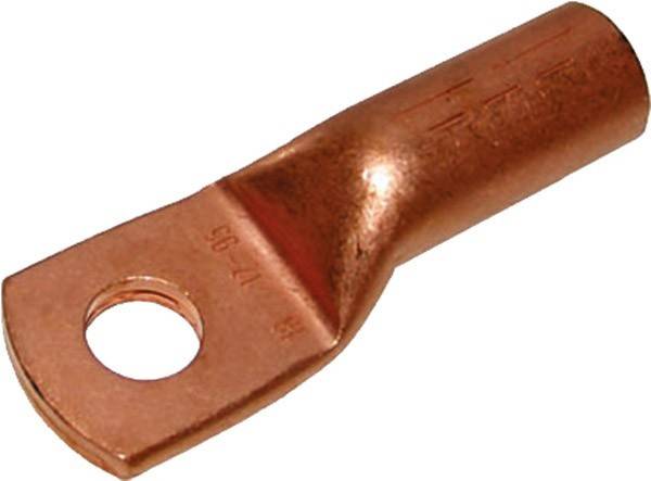 Ein Kupferkabelschuh mit einem Loch zur Sicherung elektrischer Verbindungen, mit einer glatten, abgeschrägten Oberfläche und deutlich sichtbaren Größenangaben.