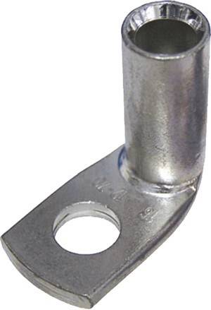 Ein metallischer Kabelschuh mit einem zylindrischen Schaft und einer flachen Zunge mit einem kreisrunden Loch, der zum sicheren Anschluss von elektrischen Kabeln verwendet wird.