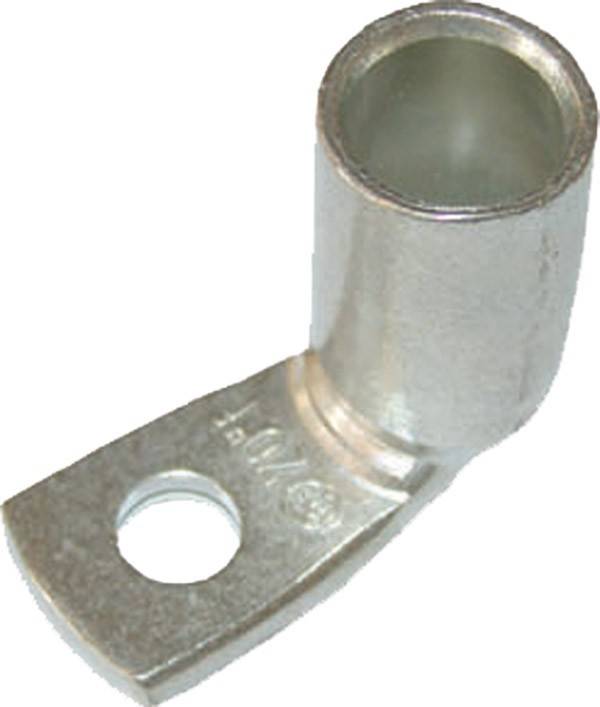 Metallkabelschuh mit einem Loch zur Befestigung und einem zylindrischen Rohr zur Kabeleinführung, der verwendet wird, um Kabel sicher zu verbinden.