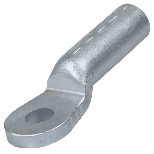 Ein metallischer Kabelschuh mit einer flachen, kreisförmigen Endfläche und einem zylindrischen Ärmel zur Kabelverbindung, der in elektrischen Anwendungen verwendet wird.