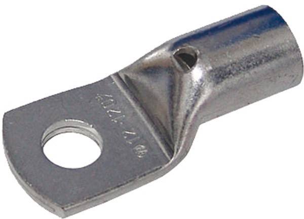 Eine Nahaufnahme eines Metallkabelschuhs zeigt eine glatte, abgeschrägte Oberfläche mit einer kreisförmigen Öffnung zur Befestigung eines Bolzens, verwendet für elektrische Verbindungen.