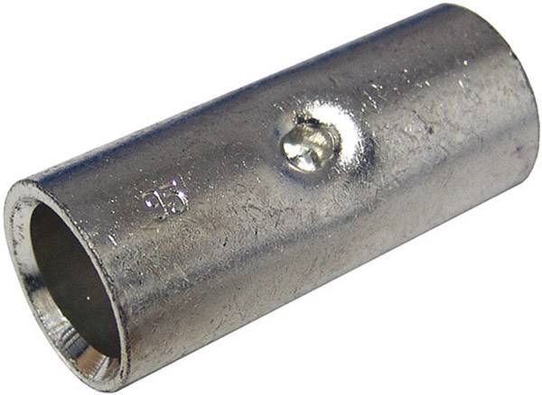 Ein Metallquetschverbinder, der zum Verbinden und Sichern von elektrischen Drähten konzipiert ist und eine zylindrische Form mit einer sichtbaren Einbuchtung zum Crimpen aufweist.