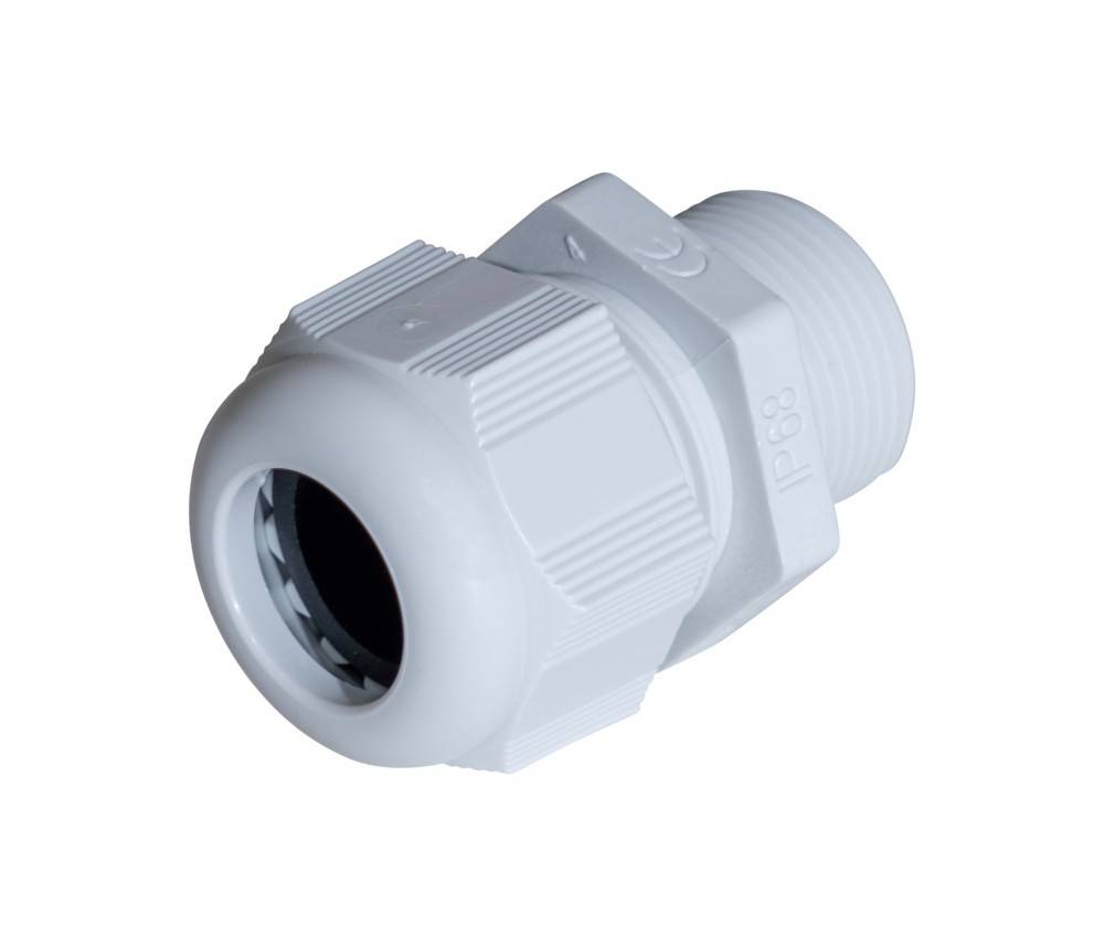 Eine weiße Kabelverschraubung aus Kunststoff mit Gewinde und gerippter Kappe, die zum Sichern von Kabeln durch Panels bei gleichzeitiger Aufrechterhaltung der IP68-Dichtigkeit verwendet wird.