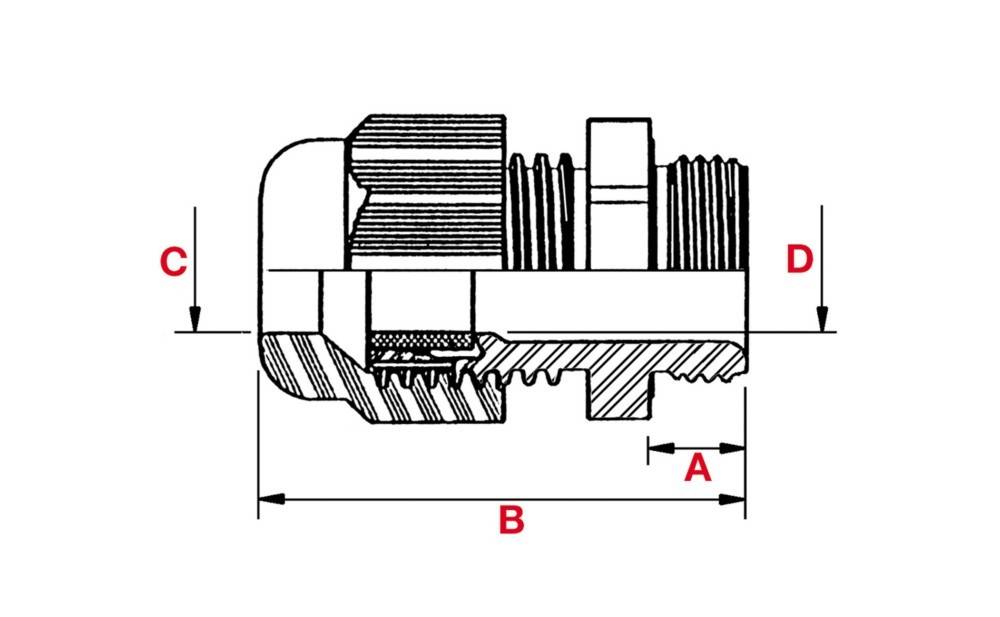 Mechanische Montageskizze mit gekennzeichneten Bereichen A, B und D, die Verbindungs- und Montageteile im Querschnitt veranschaulicht.