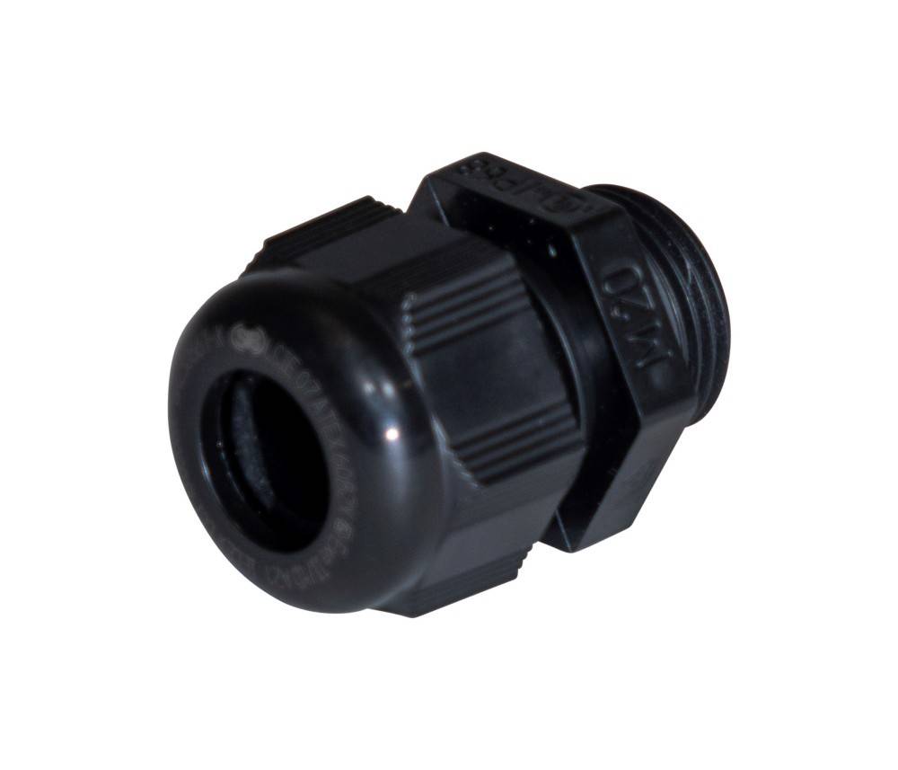 Eine schwarze Kabelverschraubung mit Gewindeverbinder, geeignet zum Sichern von Kabeln und Gewährleistung einer wasserdichten Abdichtung in elektrischen Gehäusen.