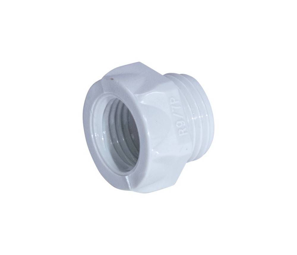 Kunststoff-Gewinderohr-Fitting mit sechseckiger Form und Innengewinde, versehen mit der Kennzeichnung 'R 9/19' an der Seite.