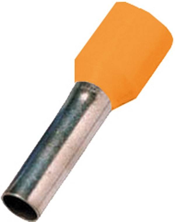 Eine orangefarbene isolierte Aderendhülse mit einem Metallkörper, die zum Endverbinden von Litzenleitern für sichere Anschlüsse in elektrischen Installationen verwendet wird.