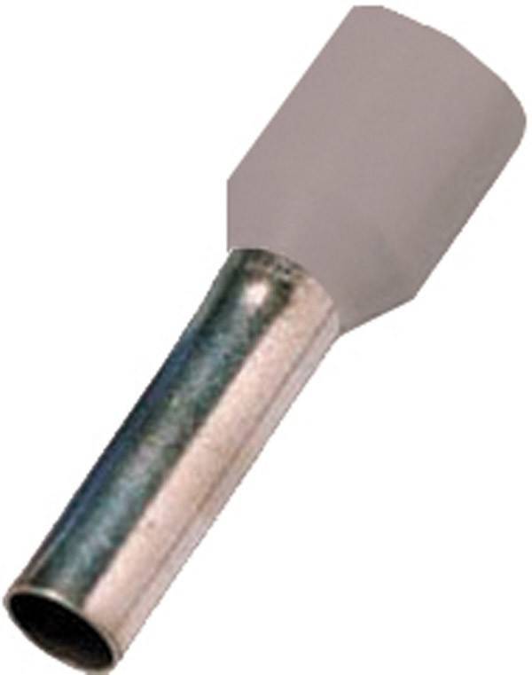 Ein grauer zylindrischer Ferrule-Verbinder mit einer Metallhülse, der zum Sichern von Drahtenden in elektrischen Anwendungen verwendet wird.