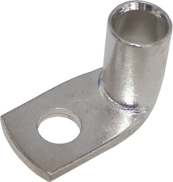 Ein silberner metallischer Verbinder mit einem zylindrischen Ende und einer flachen Basis, die ein kreisrundes Loch aufweist und für elektrische Verbindungen verwendet wird.
