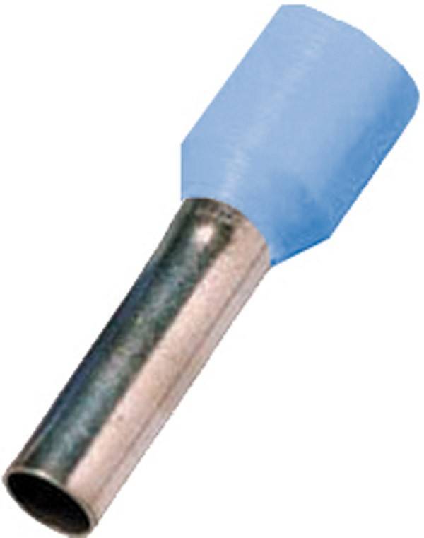 Ein blauer isolierter Aderendhülse-Verbinder mit metallischer Crimpendung, verwendet zum Abisolieren von Litzendraht und Sicherstellung sicherer elektrischer Verbindungen.