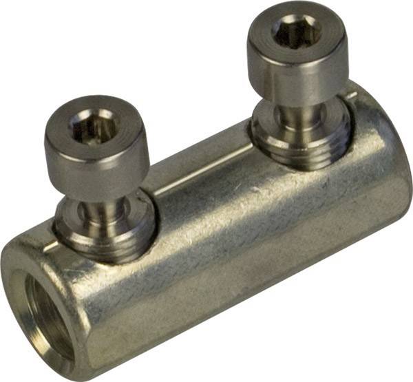 Eine Metallhydraulikarmatur mit zwei Schraubanschlüssen liegt auf einem weißen Hintergrund. Sie wird zum Verbinden von Flüssigkeitssystemkomponenten verwendet.