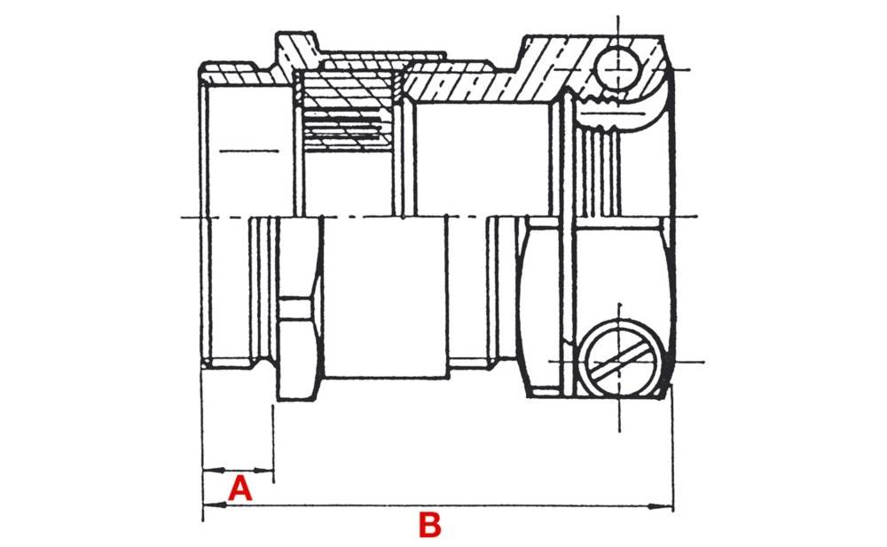 Technische Zeichnung eines mechanischen Bauteils mit beschrifteten Abmessungen 'A' und 'B', die detaillierte Merkmale und Schnittdarstellungen für Konstruktionszwecke zeigt.