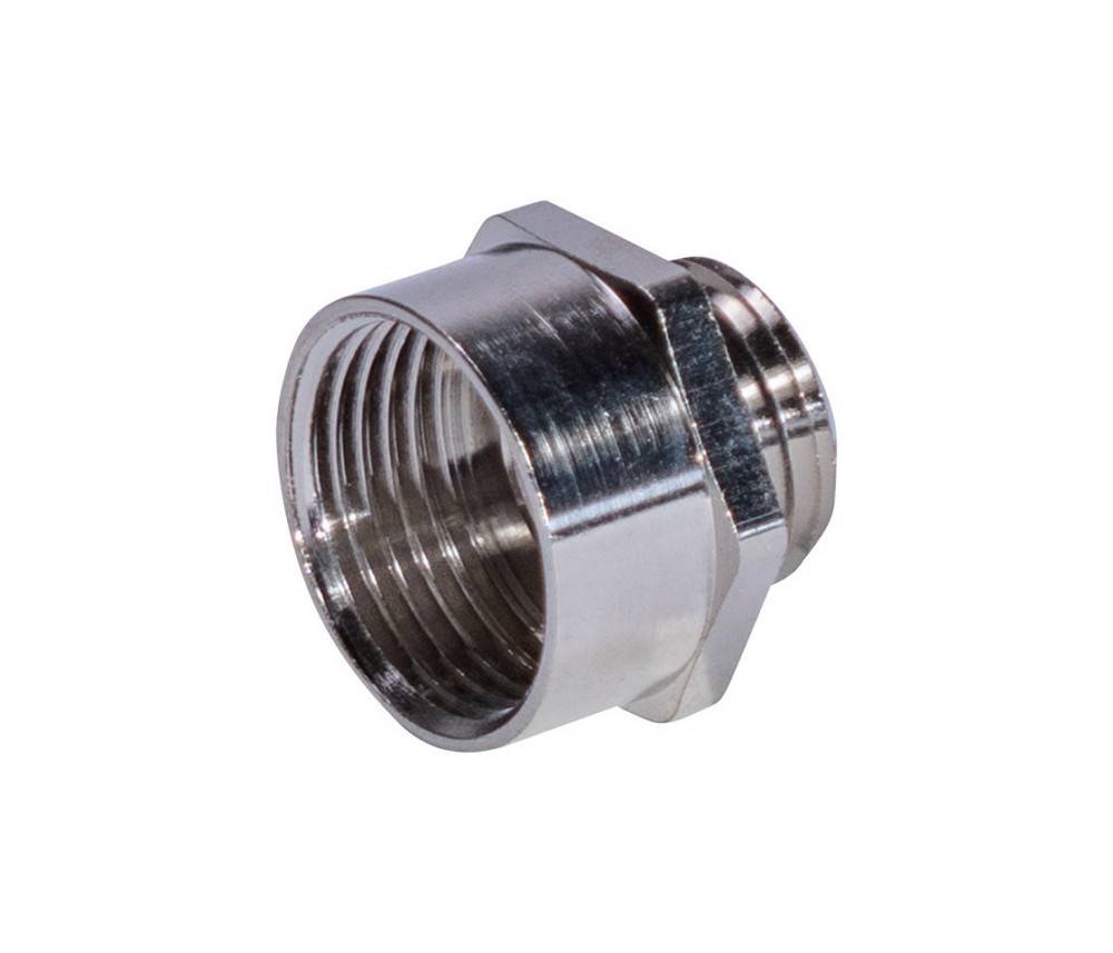 Ein Metall-Koaxialadapter mit einem gerillten männlichen Ende und sechskantiger Befestigungsmutter, verwendet zum Verbinden zweier Koaxialkabel für die Signalübertragung.