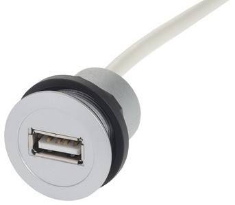 Eine Nahaufnahme eines runden, silbernen USB-Anschlusses mit einem weißen Kabel, der für die Befestigung in Geräteblenden in elektronischen Geräten konzipiert ist.