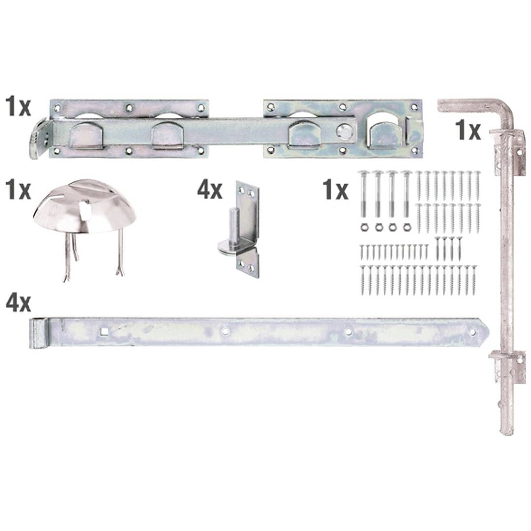 Hardware-Set mit Metallverriegelungsstangen, Halterungen, Abdeckung, Schrauben und einer Verriegelungsstange auf weißem Hintergrund angeordnet.