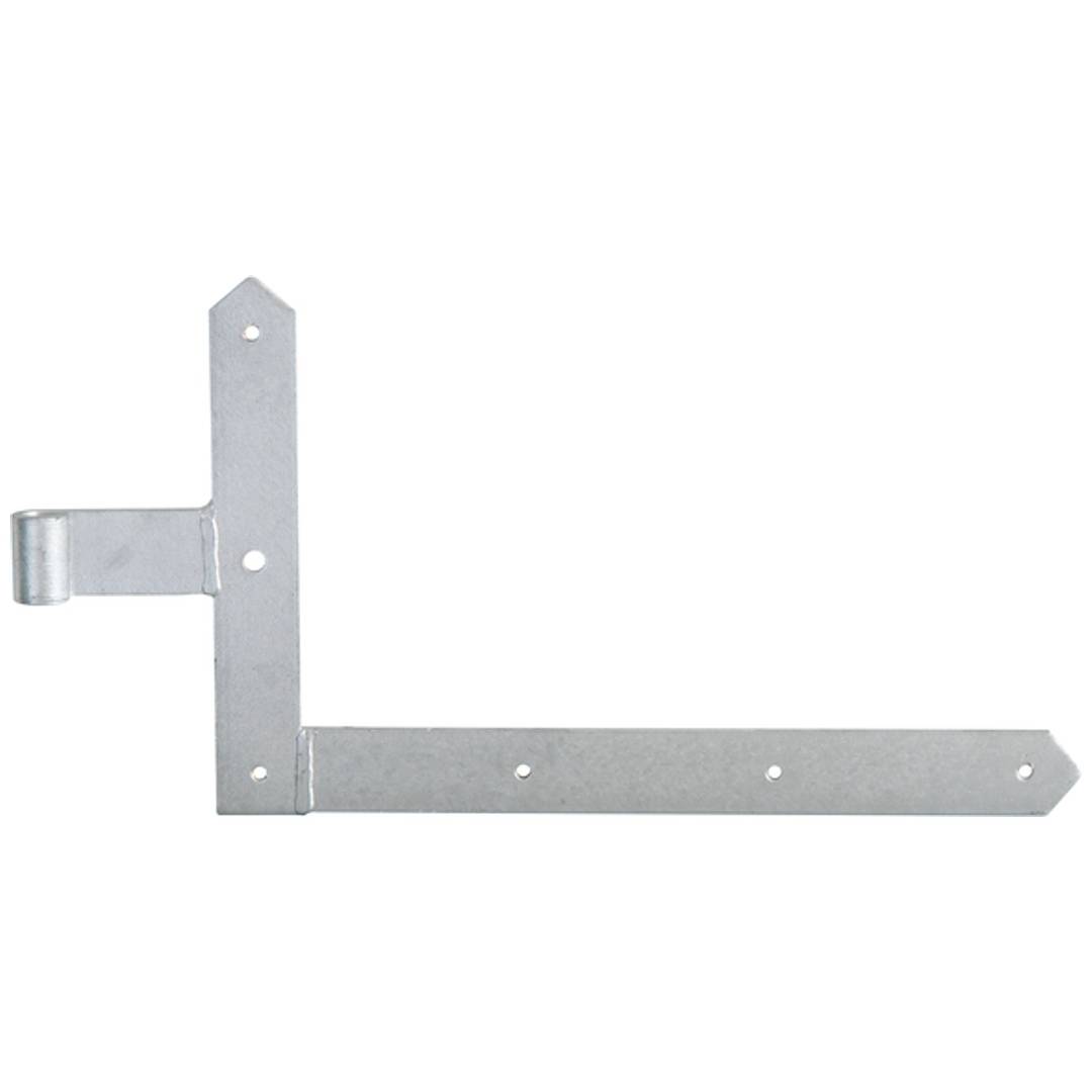 Metallmontagehalterung mit einem langen horizontalen Arm, vertikaler Platte und seitlichem Scharnier, isoliert auf weißem Hintergrund dargestellt.
