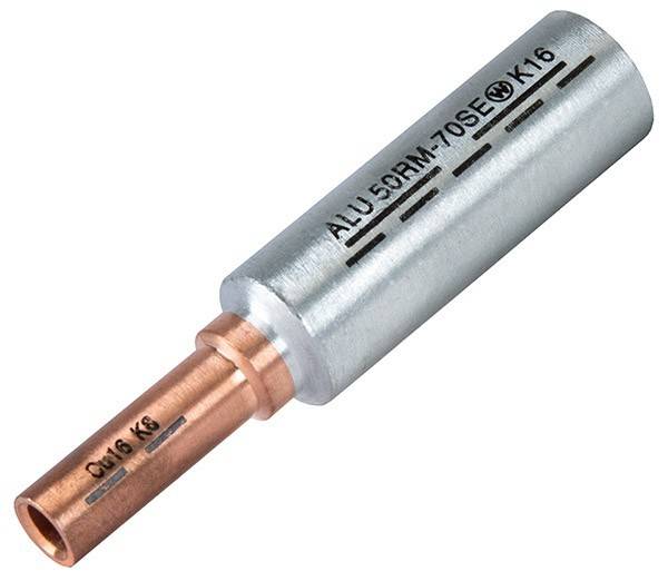 Eine zylindrische Komponente mit einem Kupferende, gekennzeichnet mit 'Cu 16 K9', und einem Aluminiumkörper, gekennzeichnet mit 'ALU 50RM-70SE K16', verwendet für elektrische Verbindungen.