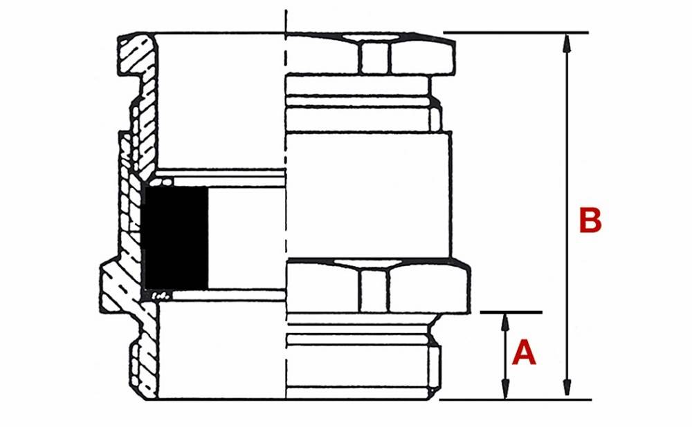 Schnittdarstellung eines mechanischen Bauteils, die zwei zylindrische Teile zeigt, die mit einer Mutter verbunden sind. Ein roter Pfeil mit der Bezeichnung 'A' weist auf eine Messung hin.