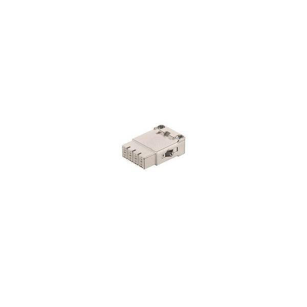 Kleiner Metallnetzwerk-Steckverbinder auf weißem Hintergrund mit rechteckigem Stecker und Verriegelungsclips.