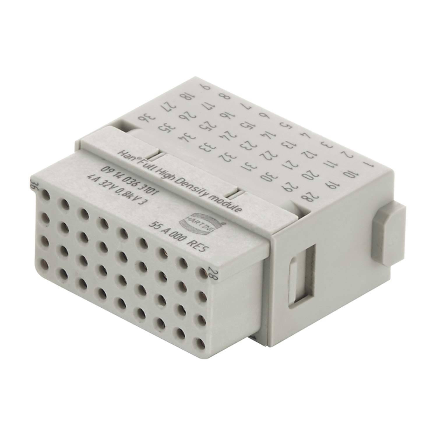 Nahaufnahme eines grauen Kontronik Hochdichte-Moduls mit beschrifteten Pins, entwickelt für elektrische Verbindungen in technischen Anwendungen.
