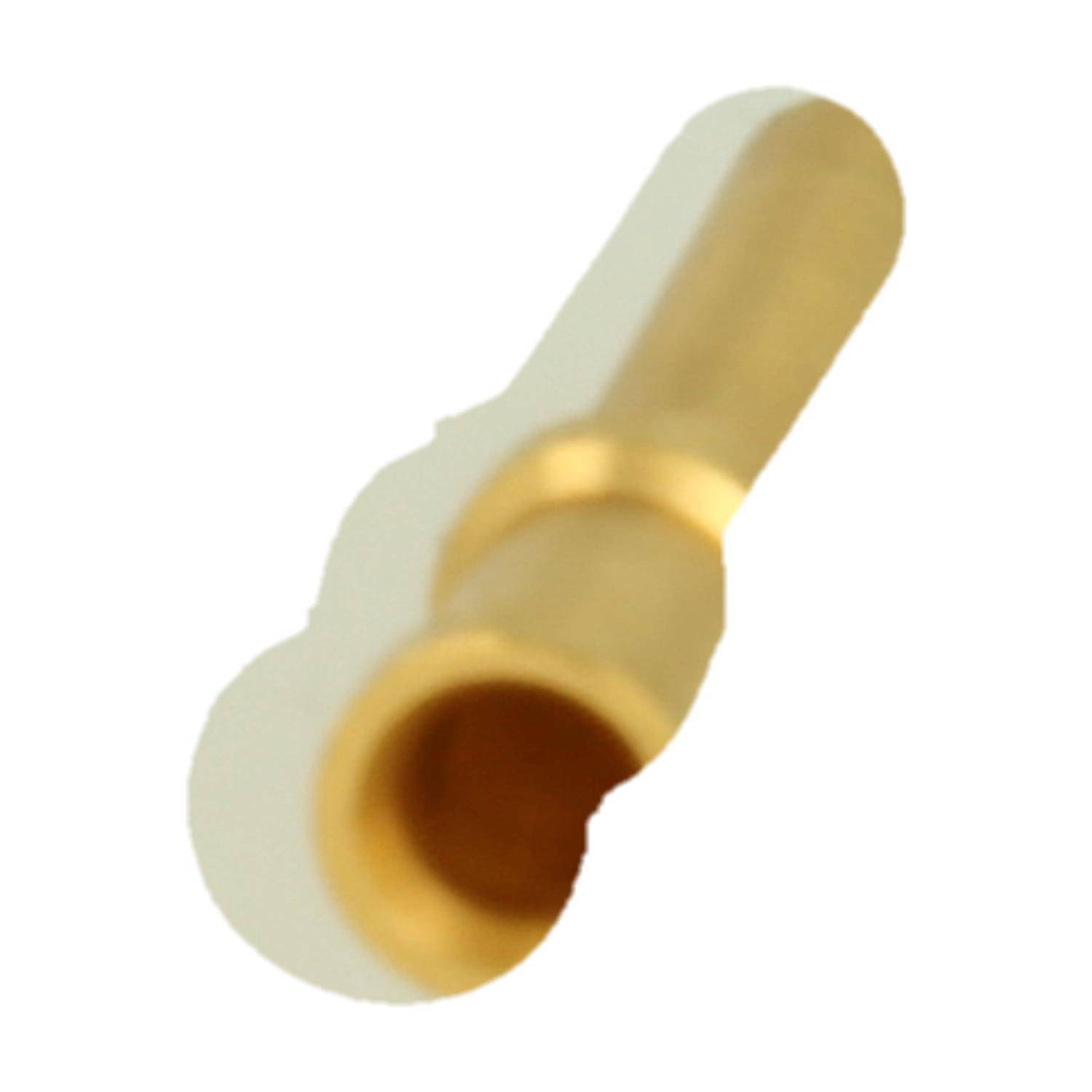 Ein Messingrohr oder -verbinder, zylindrisch geformt, leicht gewinkelt vor einem weißen Hintergrund.