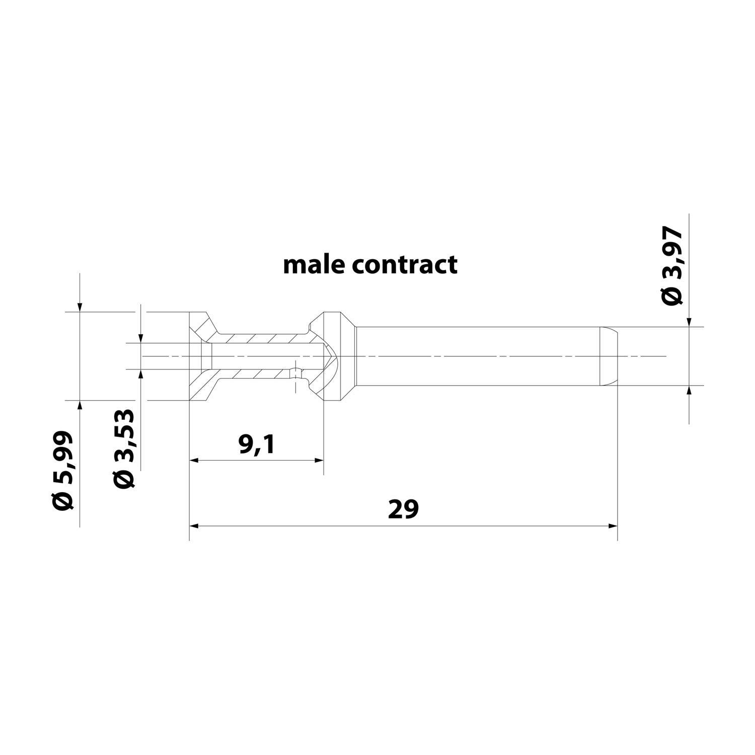 Technische Zeichnung eines männlichen Kontraktbolzens mit Abmessungen: Länge 29 mm, Durchmesser 5,99 mm und weiteren spezifischen Maßangaben.