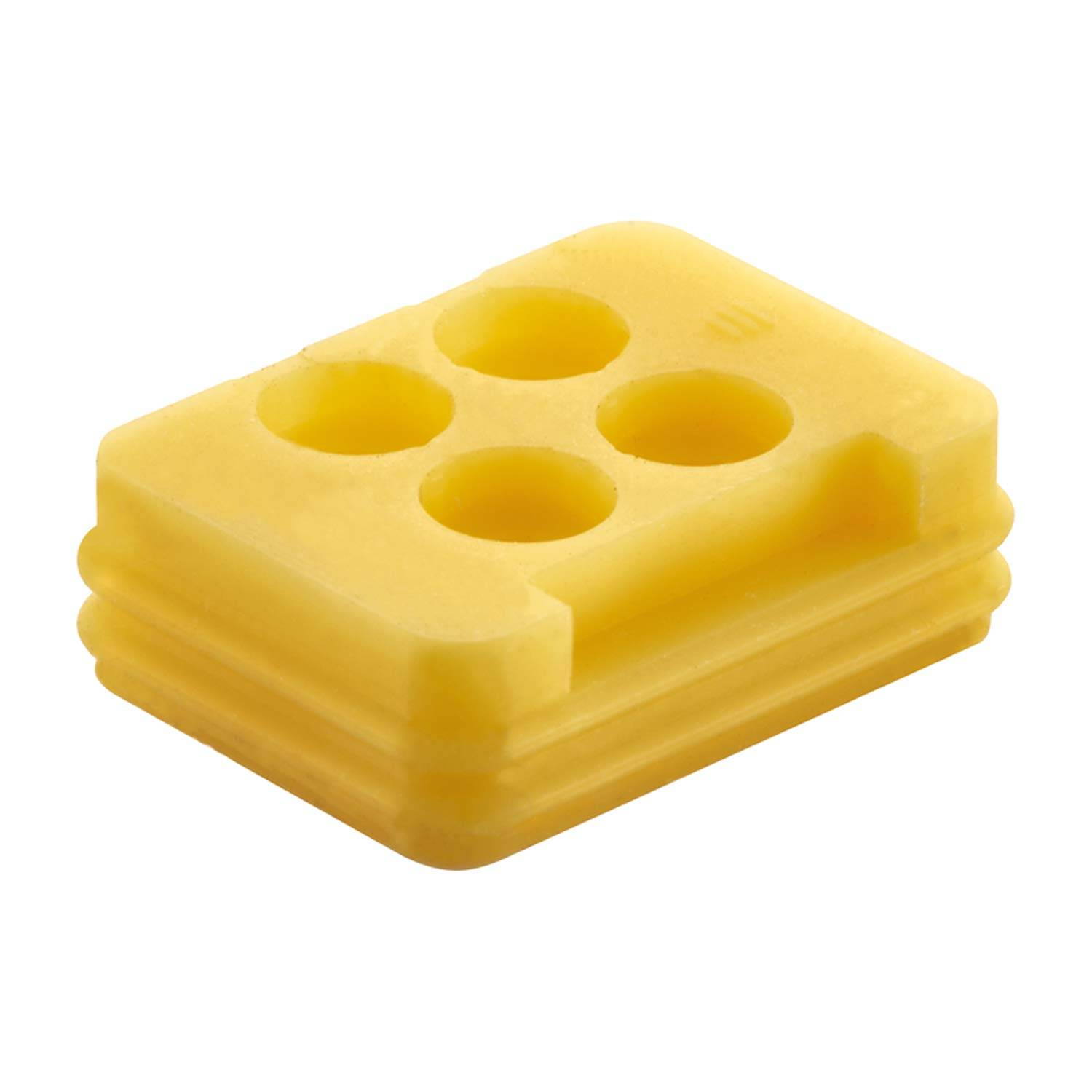 Ein kleiner, rechteckiger, gelber Plastikblock mit vier runden Löchern auf der Oberfläche, der einem vereinfachten Lego-Stein ähnelt und für Basteln oder zum Spielen verwendet wird.